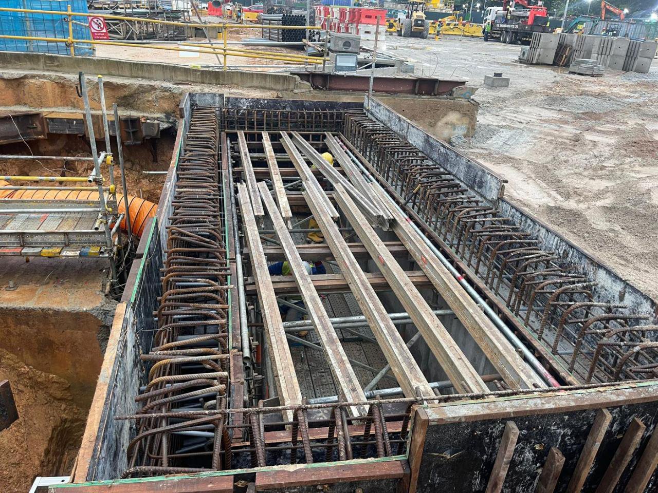 Reinforcement rebar mat installed for new RC drain base slab