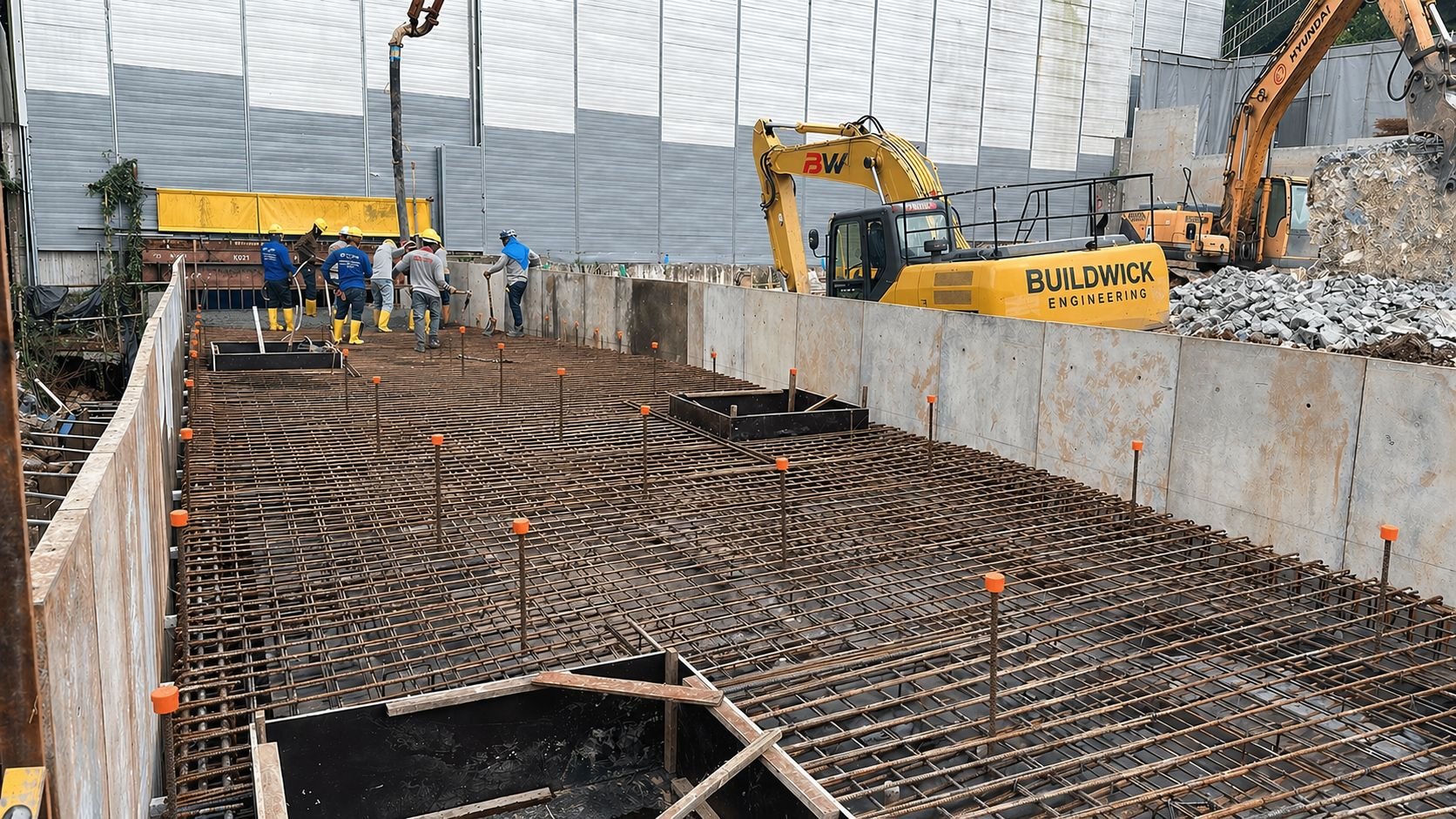Deep RC drain with rebar mat and capped vertical dowels in place, Buildwick crew preparing for the pour with Buildwick-liveried excavator above